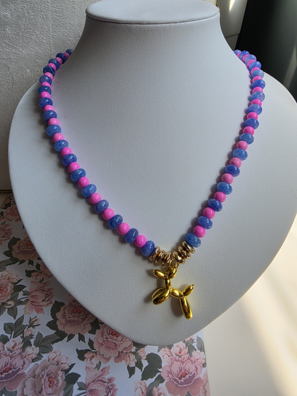 Gold Balloon Dog Pendant Beaded Necklace in Pink & Blue